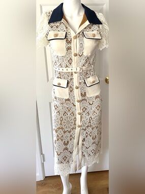 NWT Cream Lace Midi Shirt Dress with Navy Collar body-co cocktail/eve dress.